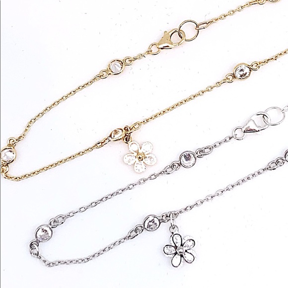 CZ Flower Anklet CZ Chain 9” or 10” Silver/ Gold - Picture 2 of 6